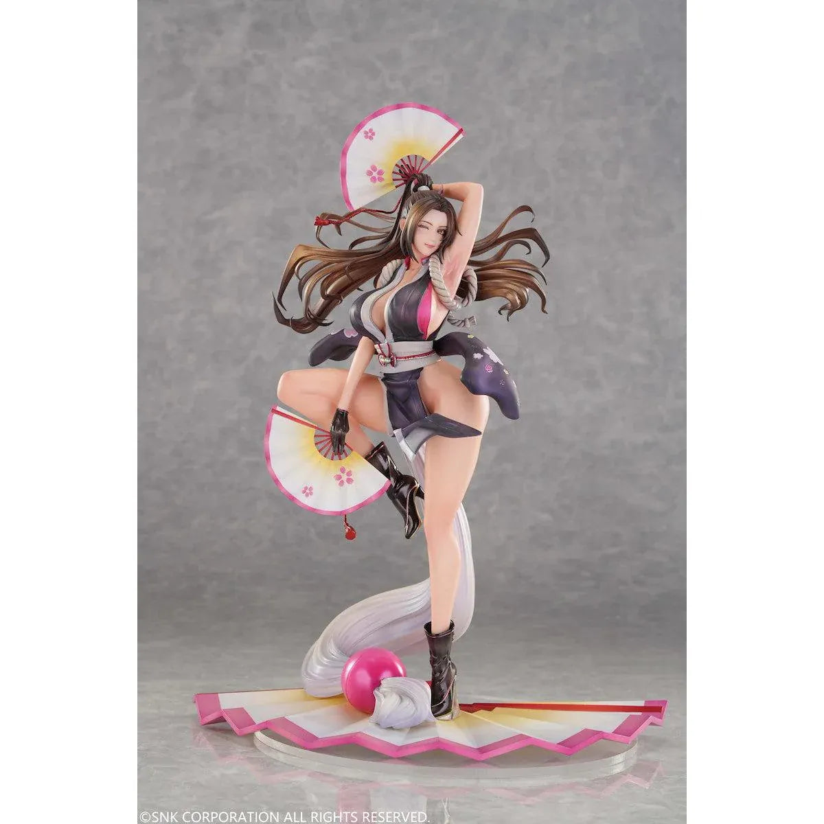The King of Fighters x MA-Man Mai Shiranui 1/6 scale figure holding two folding fans in a dynamic pose on a fan-shaped base.
