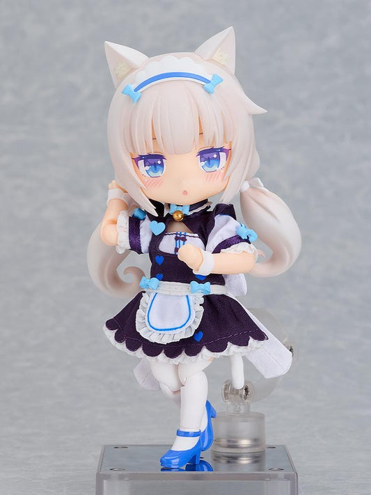Nekopara Sekai Connect Nendoroid Doll Vanilla with white cat ears, twin-tail hair, blue accents, maid outfit, and frilly apron
