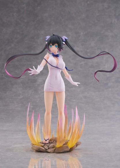 Is It Wrong to Try to Pick Up Girls in a Dungeon V Hestia Divinity Unleashed Limited Edition Ver. 1/7 Scale Figure with twin-tails, white outfit, blue ribbon accents, rocky base, and flame effect parts