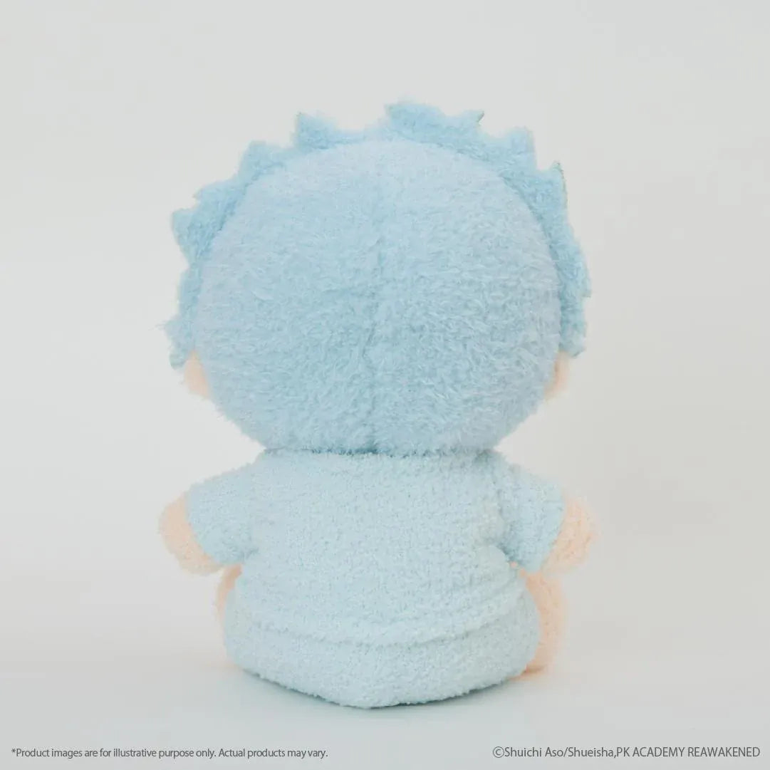 The Disastrous Life of Saiki K. Shun Kaido Fukamokogurumi Plushie featuring spiky light-blue hair, embroidered eyes, a cheerful smile, and a fluffy blue outfit with a black skull and crossbones design in a cute seated pose.