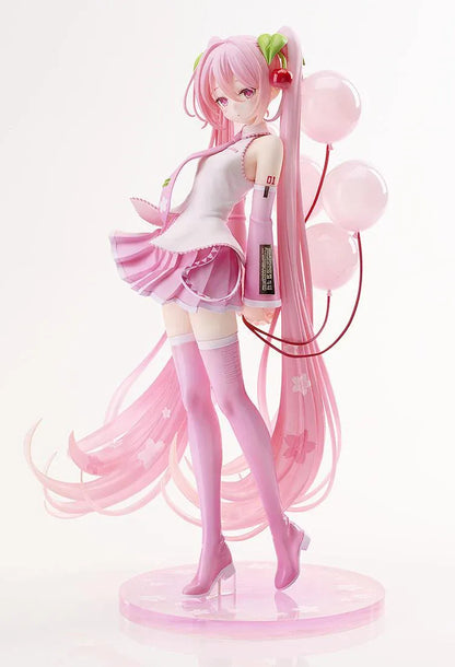 Sakura Miku figure with long pink twin-tails, cherry hair ornaments, a white and pink outfit, pink boots, and translucent balloons on a floral pink base.