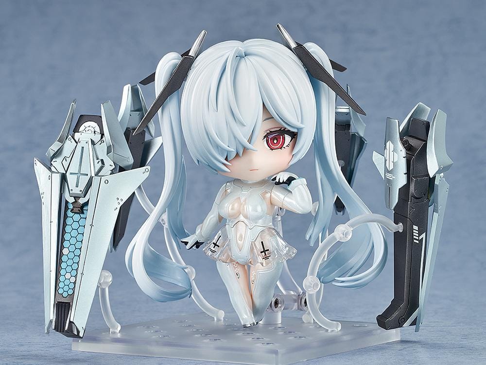NIKKE Nendoroid Cinderella chibi figure with white twin tails and mechanical weapon arms