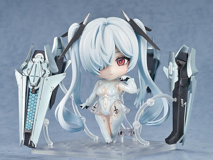 NIKKE Nendoroid Cinderella chibi figure with white twin tails and mechanical weapon arms