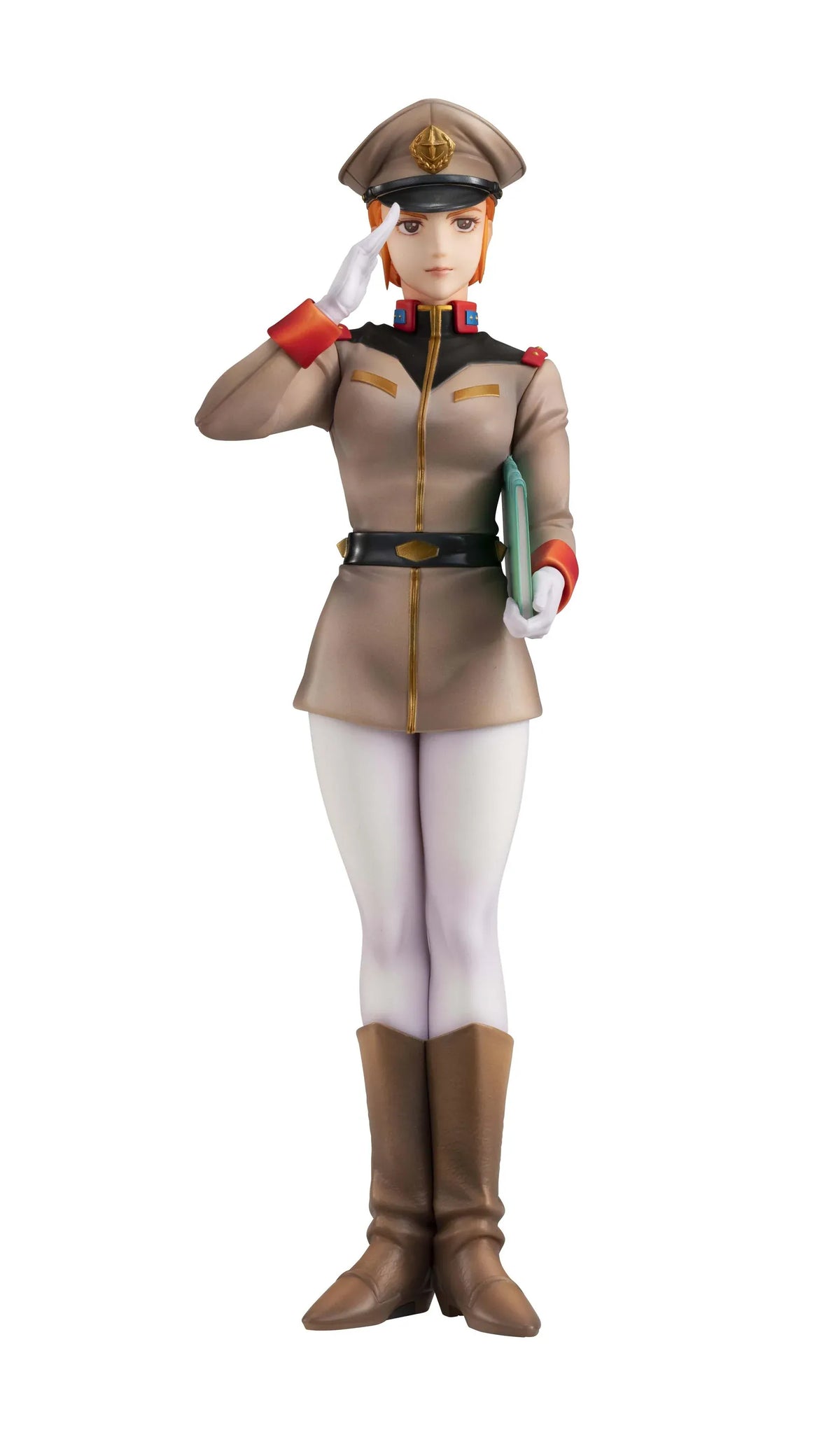 Gundam Girls Generation Matilda Ajan figure saluting in a tan military uniform and peaked cap, holding a green folder, with white trousers and brown boots.