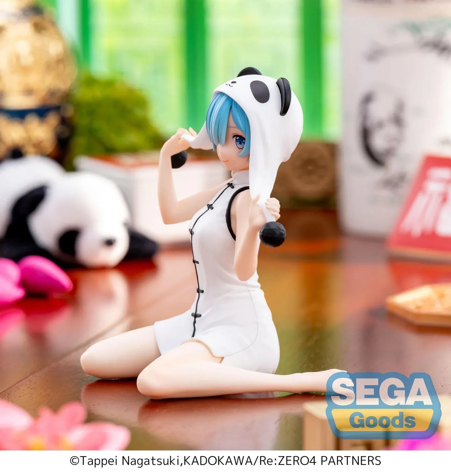 Re Zero Rem panda themed figure seated wearing white dress and panda hat