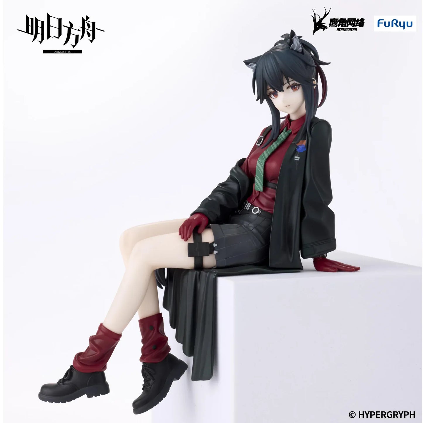 Arknights Texas Will Ver Noodle Stopper Figure featuring Texas seated in a red shirt, green tie, black skirt, oversized jacket, and red boots
