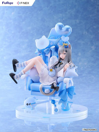 Nachoneko Birthday Ver. 1/7 Scale Figure by FuRyu F featuring a silver-haired cat girl with a golden crown relaxing in a blue gaming chair decorated with balloons, ribbons, and cat accessories.