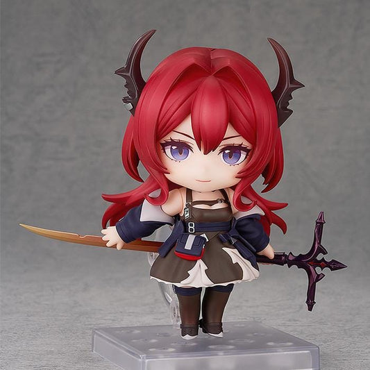 Arknights Nendoroid Surtr Figure rerelease featuring crimson hair, black horns, purple eyes, and her signature oversized sword