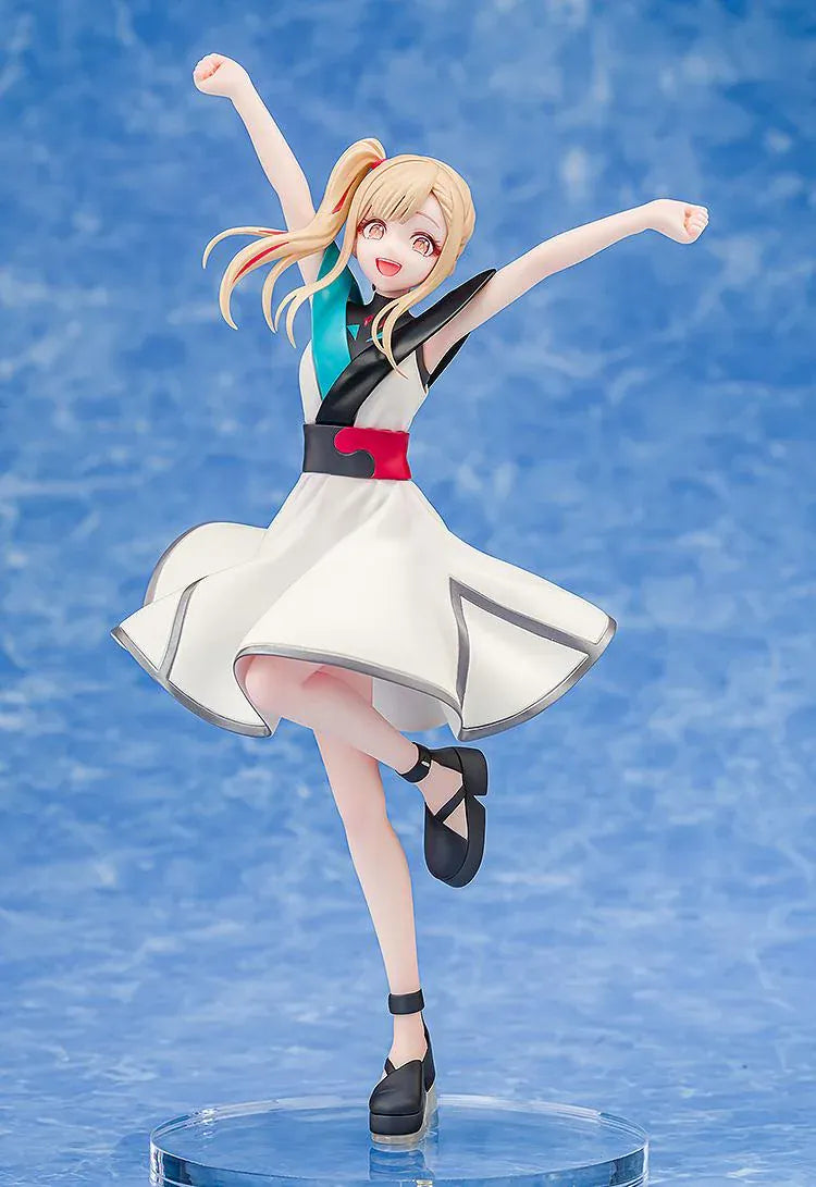 Kaguya Collaboration Concert Ver. figure with blonde hair, raised arms, a white dress with turquoise and black accents, and black ankle-strap shoes.