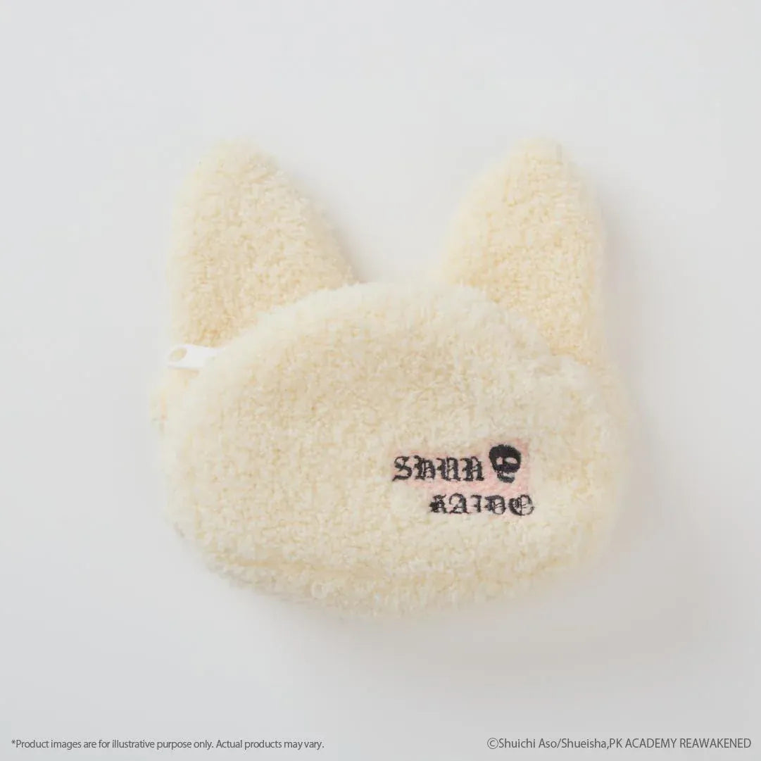 SHUN KAIDO Fukamoko Pouch featuring a fluffy cream-colored animal face with pointed ears, large black embroidered eyes, a small nose, and an adorably determined expression.