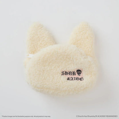 SHUN KAIDO Fukamoko Pouch featuring a fluffy cream-colored animal face with pointed ears, large black embroidered eyes, a small nose, and an adorably determined expression.