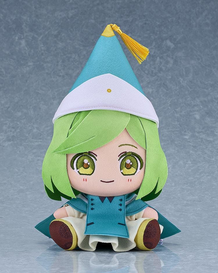 Witch Hat Atelier Coco Chocopuni plushie with green hair, embroidered green eyes, a teal-and-white pointed hat with a gold tassel, and a teal cape.
