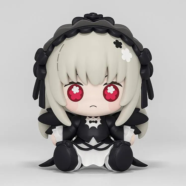 Rozen Maiden Huggy Good Smile Suiginto Figure featuring silver-white hair, red eyes with flower-shaped highlights, a black gothic dress with white frills, black rose headpiece, and a cute seated chibi design.