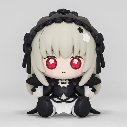 Rozen Maiden Huggy Good Smile Suiginto Figure featuring silver-white hair, red eyes with flower-shaped highlights, a black gothic dress with white frills, black rose headpiece, and a cute seated chibi design.
