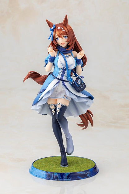 Uma Musume Pretty Derby Super Creek 1/7 Scale Figure featuring Super Creek in a blue-and-white outfit with red hair, horse ears, tail, and a cheerful pose on a themed base.