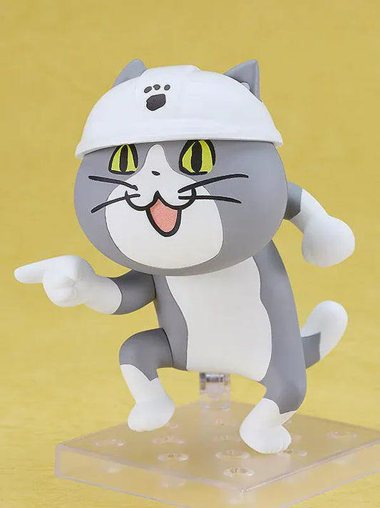 Shigoto Neko Nendoroid rerelease figure featuring cute gray cat with work helmet and playful pose
