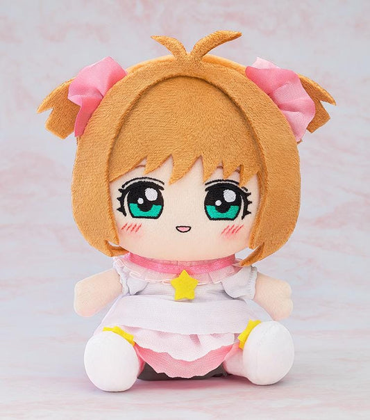Cardcaptor Sakura Plushie Sakura Kinomoto Platinum Outfit Ver. featuring Sakura in a soft chibi-style seated plush design with teal eyes, pink bows, white outfit, and star accent.