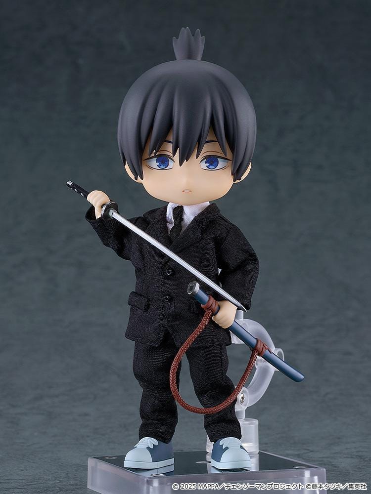 Chainsaw Man The Movie Reze Arc Nendoroid Doll Aki Hayakawa wearing a black suit and holding a sword with sheath