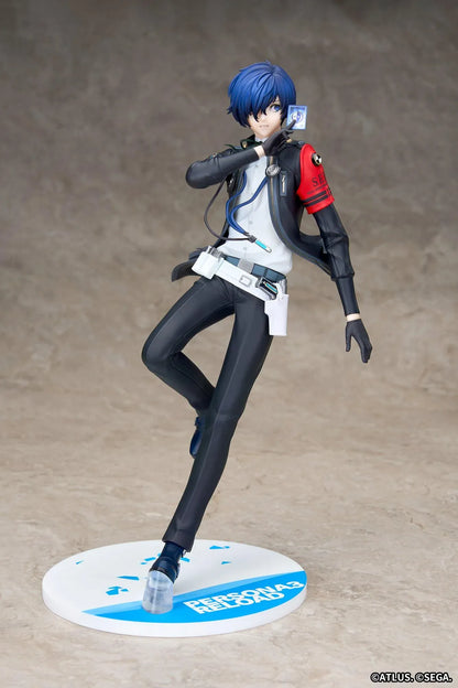 Persona 3 Reload Limepie Protagonist 1/8 Scale Figure with blue hair, black jacket, S.E.E.S. armband, headphones, and themed display base