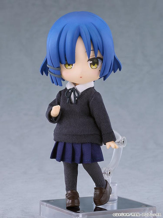 Bocchi the Rock Nendoroid Doll Ryo Yamada figure with blue hair wearing a school outfit with fabric sweater and skirt