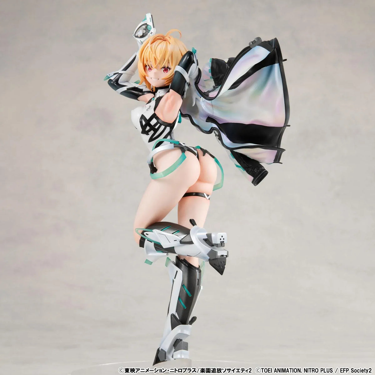 Lucrea Gabriel figure with golden hair, red eyes, black and white futuristic armor, turquoise accents, and a flowing iridescent-lined jacket.