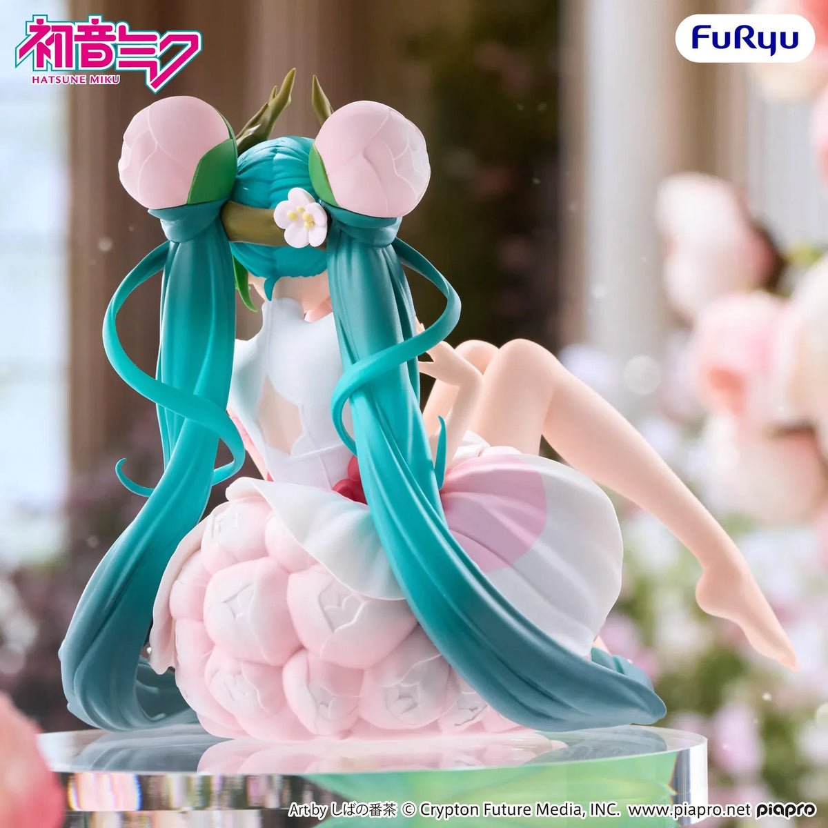 Hatsune Miku Flower Fairy White Plum Blossom Noodle Stopper figure seated among pale pink blossoms with flowing turquoise twin-tails.