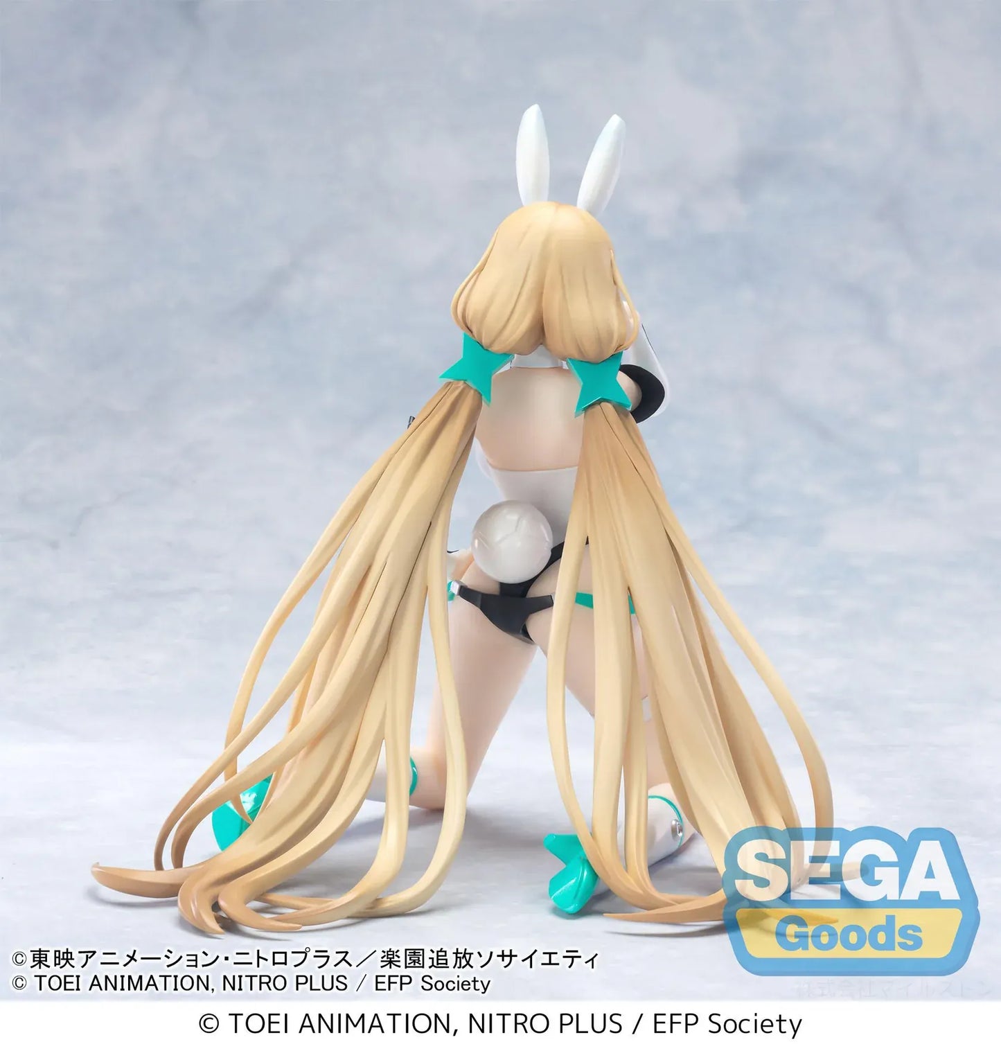 Expelled from Paradise Angela Balzac Cyber Bunny Figure by SEGA Goods featuring Angela in a white futuristic bunny suit with teal accents.