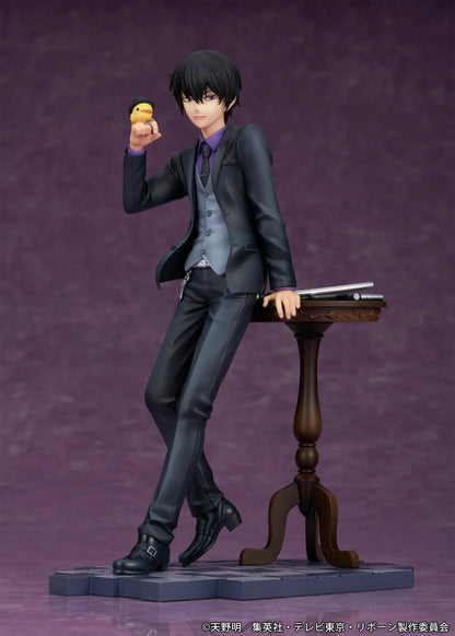 REBORN! Kyoya Hibari Scale Figure featuring a black-haired anime character wearing a black suit, purple shirt, gray vest, and tie, leaning against a wooden table with tonfa weapons while holding his yellow bird companion Hibird.