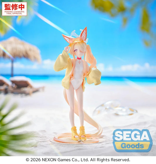 Seia swimsuit figure from Blue Archive with fox ears tail and oversized jacket standing on base
