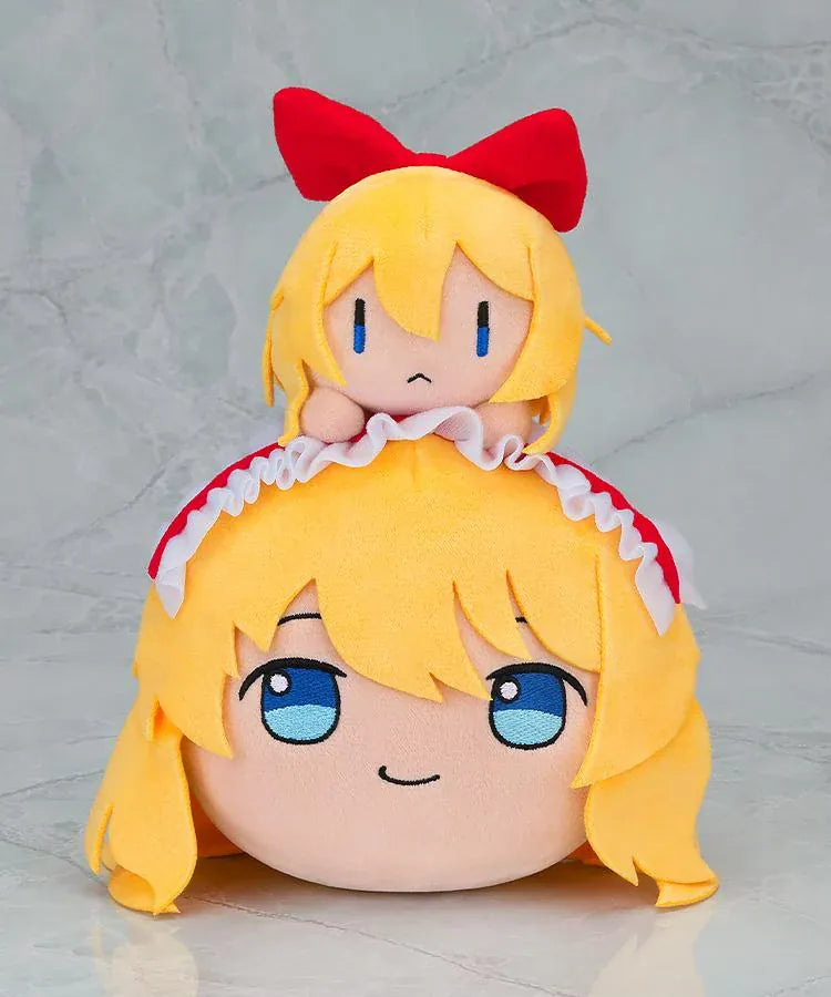 Touhou LostWord Nuidaifuku Yukkuri Alice plushie with blonde hair, embroidered blue eyes, red accents, and a miniature doll.