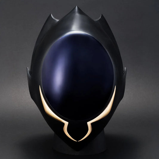 Code Geass Full Scale Works Zero’s Mask 1/1 scale replica with a glossy dark faceplate, gold accents, and an angular outer shell with tall fins.