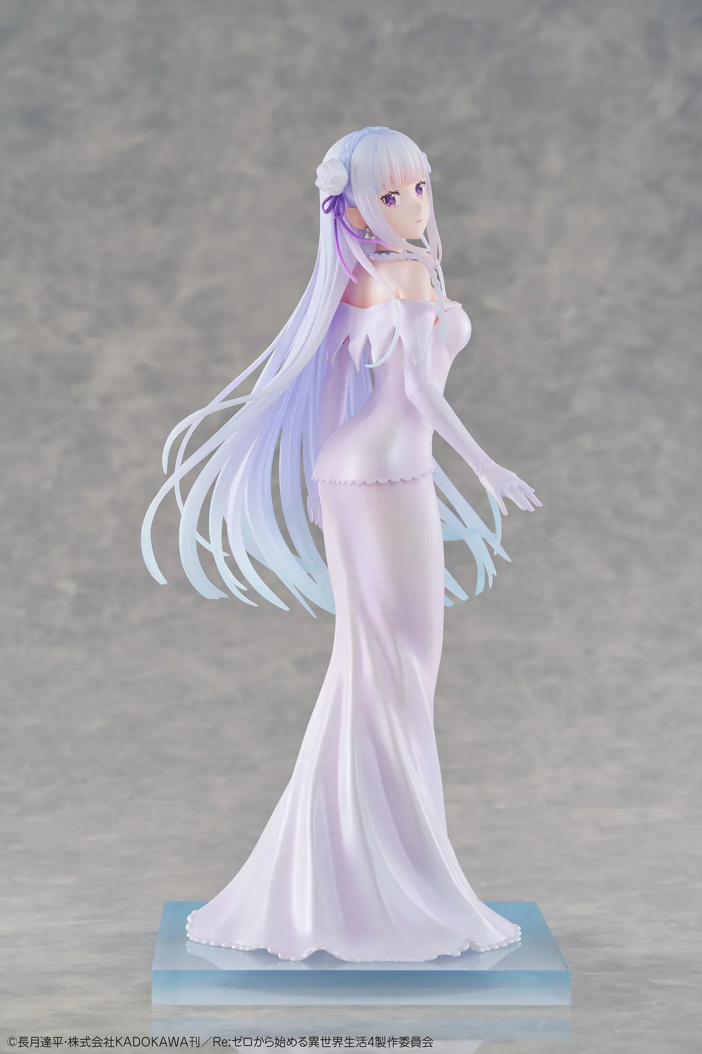 Re Zero Emilia Wedding Dress Ver. 1/7 Scale Figure wearing an elegant flowing white bridal gown with silver hair and floral accessories