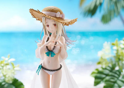 The Idolmaster Gakuen Hiro Shinosawa Swimsuit Ver 1/7 scale figure with straw hat, white swimsuit, and translucent beach cover-up on sand-style base