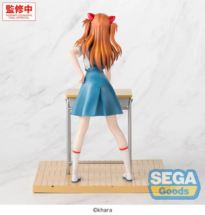 XStellar Asuka Shikinami Langley Uniform Ver. figure leaning on a school desk, wearing a blue and white uniform, on a parquet-style floor base.