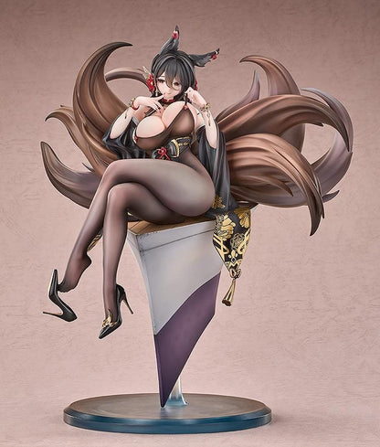 Azur Lane Oumi 1/7 scale figure seated cross-legged on an angular pedestal, with sweeping brown tails and a black outfit decorated with gold flowers.
