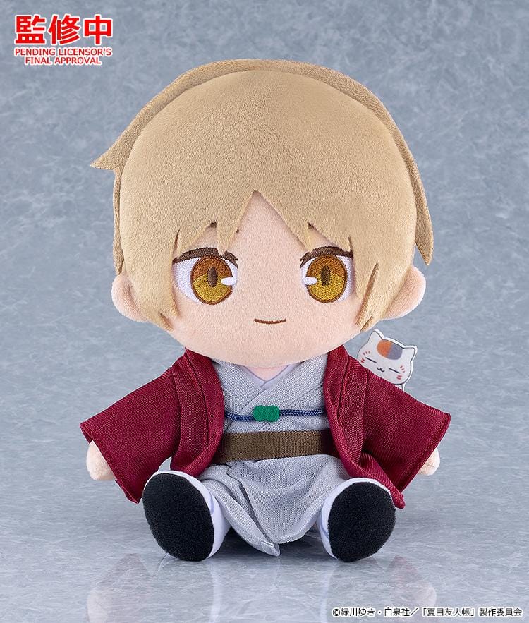 Takashi Natsume plushie with sandy blonde hair, golden eyes, a burgundy robe over a gray outfit, and a small Nyanko-sensei shoulder decoration.