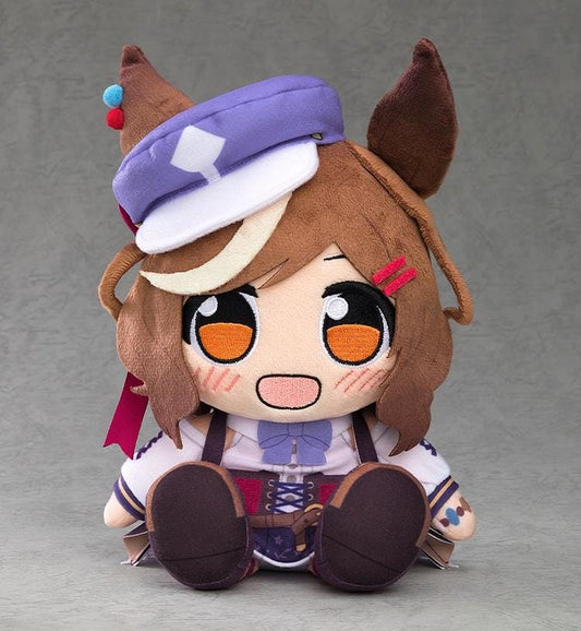 Umamusume Pretty Derby Kuripan Plushie Matikanetannhauser (Rerelease) featuring a brown-haired horse girl with orange embroidered eyes, a purple cap, horse ears, red hair clips, and a purple and white outfit in a cute seated design.