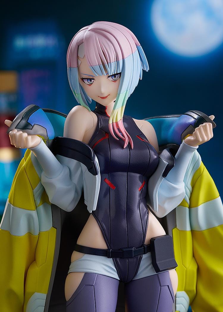 Cyberpunk: Edgerunners Pop Up Parade Lucy figure in bodysuit with yellow jacket and pastel hair