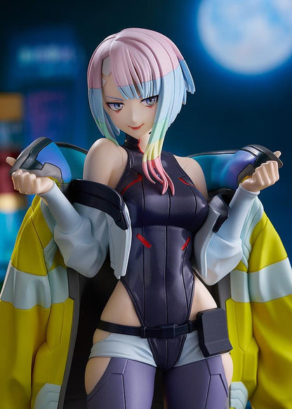 Cyberpunk: Edgerunners Pop Up Parade Lucy figure in bodysuit with yellow jacket and pastel hair