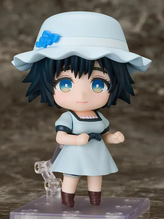 STEINS;GATE Nendoroid Mayuri Shiina 2.0 with short dark hair, blue eyes, a pale blue hat and dress, and brown boots.