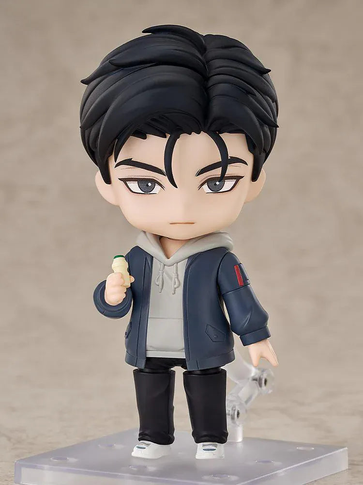 Jinx Nendoroid Joo Jaekyung Figure featuring Joo Jaekyung in a chibi style with black hair, casual hoodie outfit, and drink accessory.