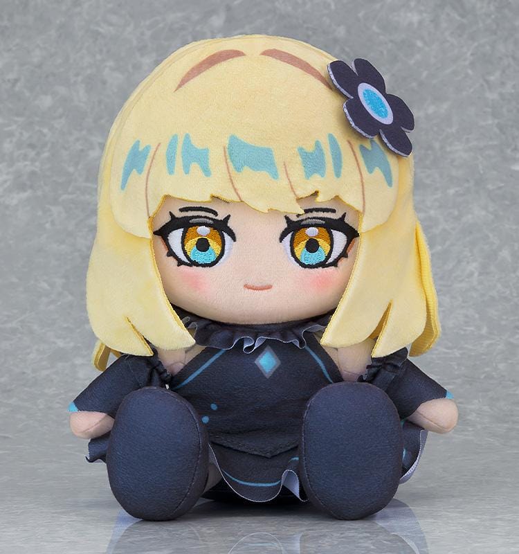 D1AL-ogue Pray plushie with blonde hair, blue accents, a dark outfit, and a flower hair accessory.