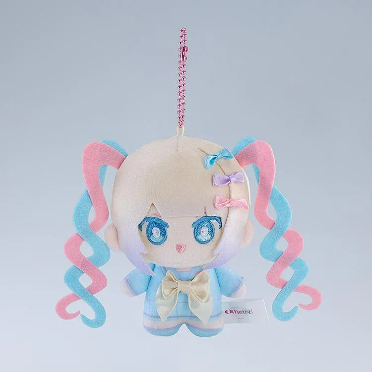 NEEDY GIRL OVERDOSE OMGkawaiiAngel Punipico mascot plushie with pastel spiral twin-tails, blue embroidered eyes, a cream bow, and a pink ball chain.