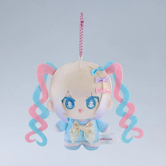 NEEDY GIRL OVERDOSE OMGkawaiiAngel Punipico mascot plushie with pastel spiral twin-tails, blue embroidered eyes, a cream bow, and a pink ball chain.