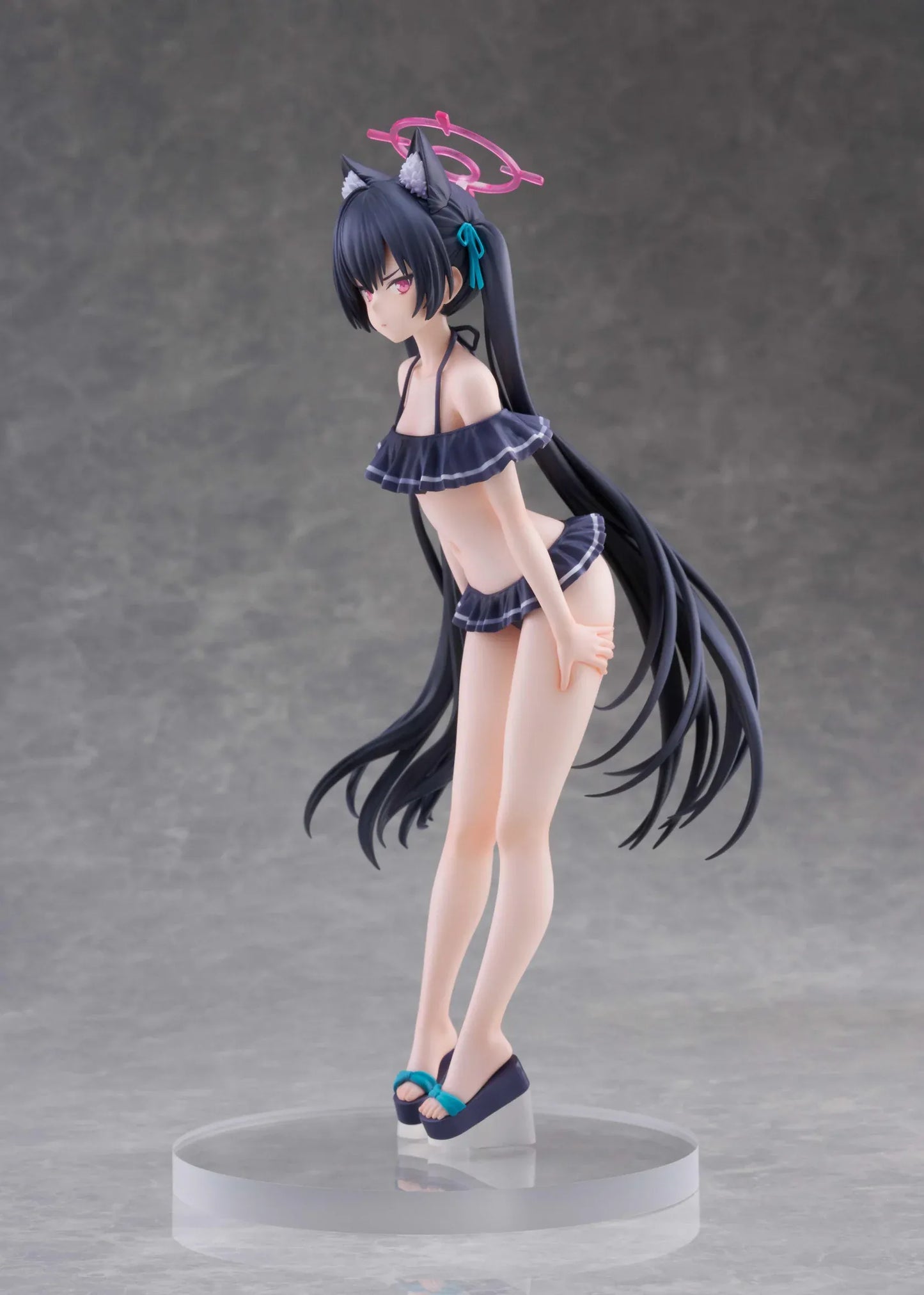Blue Archive Serika Swimsuit 1/7 Scale Figure featuring Serika with long black hair, cat ears, dark frilled swimsuit, pink halo, platform sandals, and display base.