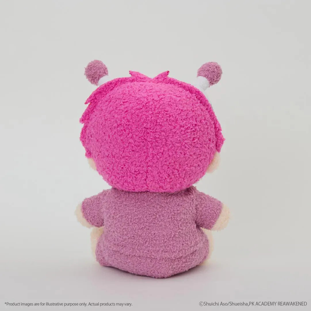 The Disastrous Life of Saiki K. Kusuo Saiki Fukamokogurumi Plushie featuring bright pink hair, green-tinted glasses, white psychic limiters with pink pom-poms, and a fluffy pink outfit with an embroidered coffee jelly design in a cute seated pose.