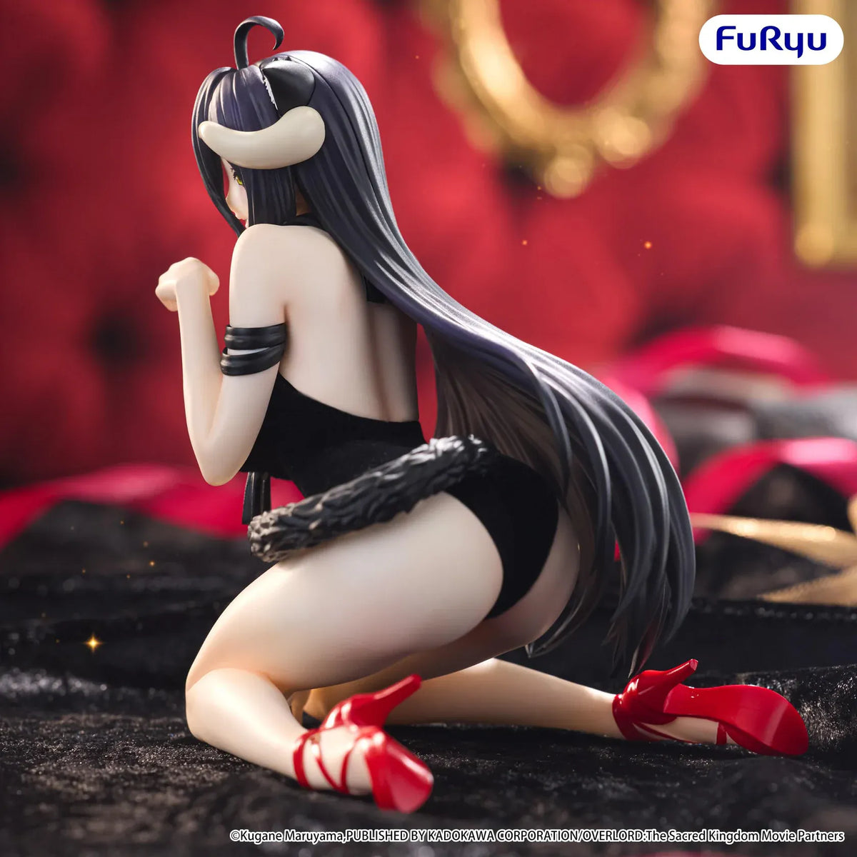 Overlord Melffy Albedo figure wearing a black cat-inspired outfit with horns, wings, cat ears, and red heels in a seated pose.