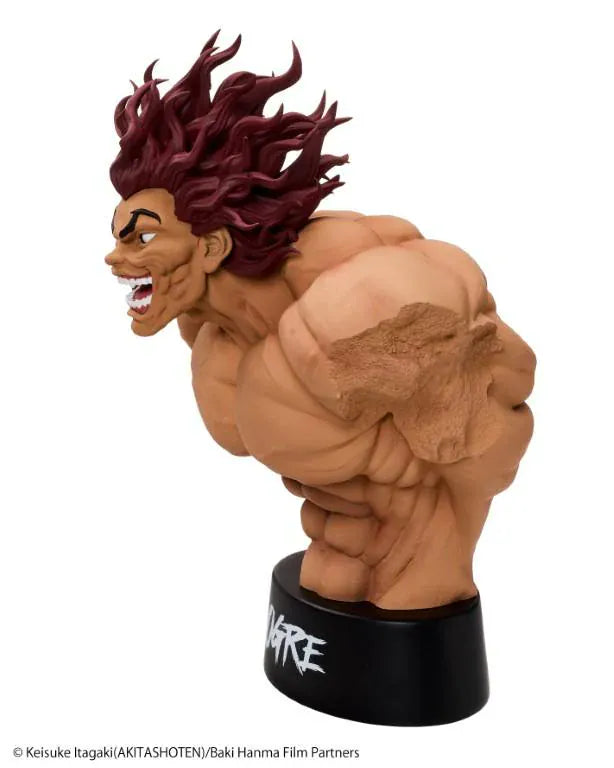 Baki The Grappler Taito Kuji Yujiro Bust Figure featuring Yujiro Hanma with muscular sculpting, wild red hair, fierce grin, and black OGRE display base.