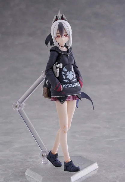 Blue Archive figma Kayoko Onikata Figure with black hoodie, plaid skirt, two-tone hair, halo detail, and tail