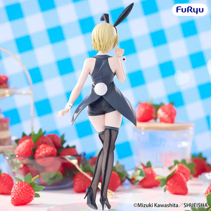 Strawberry 100% BiCute Bunnies Tsukasa Nishino figure wearing a black bunny outfit, blue bow tie, and fishnet stockings.